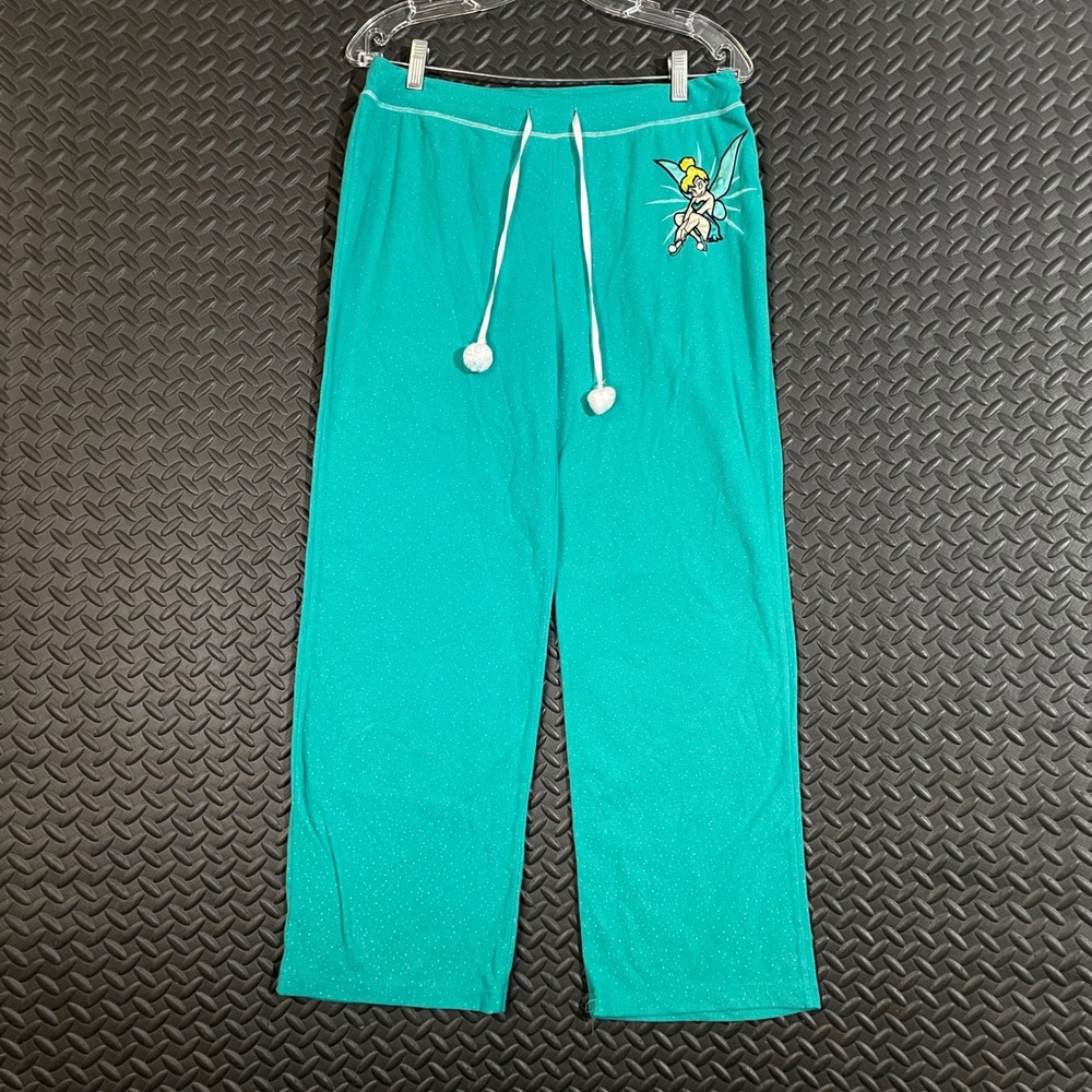 Disney Tinker Bell Teal Blue Green Pom Pom Drawstring Pajama Bottoms Women's M